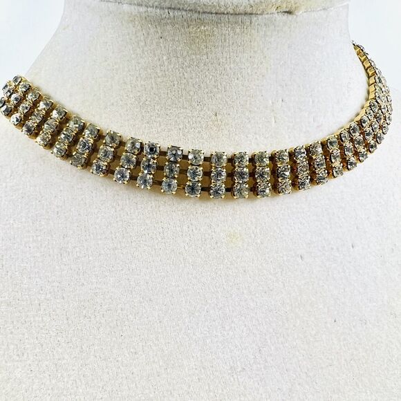 Vintage Gold Tone And Champagne Rhinestone Choker 3 Rows Runway Glam Elegant 90s - Picture 2 of 5